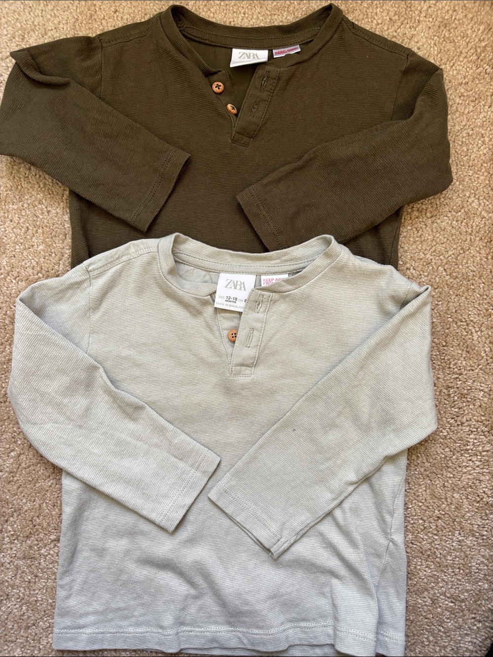 Zara Kids Long-Sleeve Henley Tops - Olive Green & Light Gray